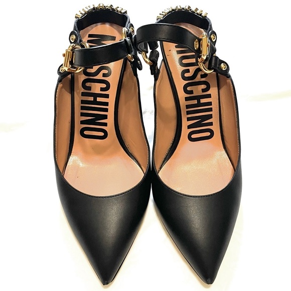 MOSCHINO Black Leather Logo Charm Ankle Strap Heels Size 37 - Picture 3 of 7